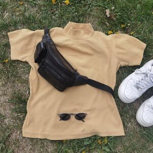80s 90s Vintage Cropped Cuffed Collar Top Shirt Sleeve Shirt Golden Yellow